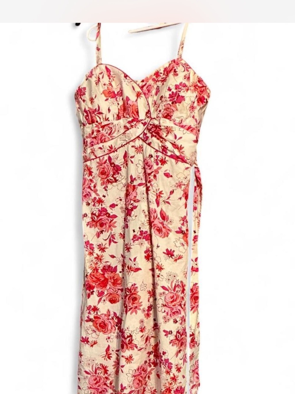 B. Moss Dress Collection Floral Spaghetti-Strap Dress in White and Pink, Size 12